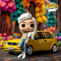 A Funko Pop figurine of a 28-year-old woman with very long, white hair, styled in a whimsical way, alongside a vintage 1998 yellow Seat Ibiza