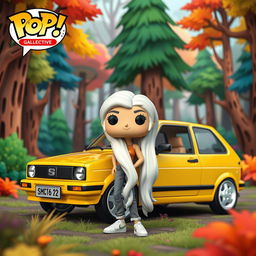 A Funko Pop figurine of a 28-year-old woman with very long, white hair, styled in a whimsical way, alongside a vintage 1998 yellow Seat Ibiza