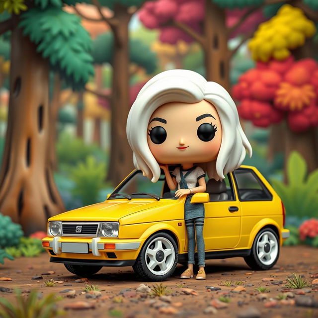 A Funko Pop figurine of a 28-year-old woman with very long, white hair, styled in a whimsical way, alongside a vintage 1998 yellow Seat Ibiza