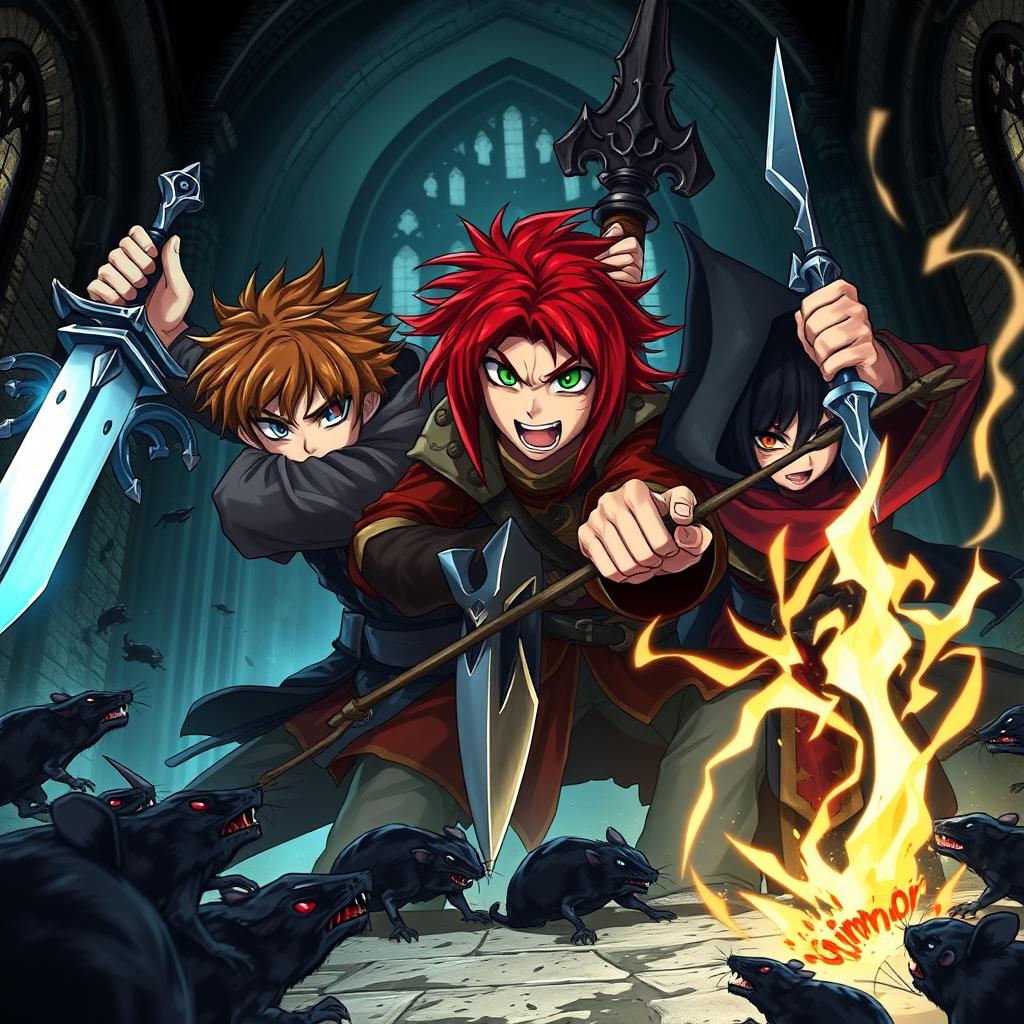 Dark fantasy anime cover titled 'Grimon Soul 3' showcasing three angry teenage warriors engaged in a fierce battle