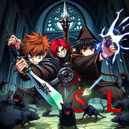 Dark fantasy anime cover titled 'Grimon Soul 3' showcasing three angry teenage warriors engaged in a fierce battle