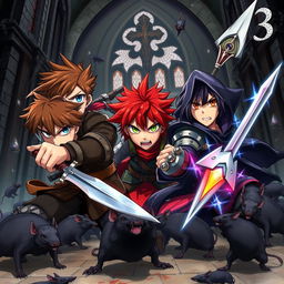 Dark fantasy anime cover titled 'Grimon Soul 3' showcasing three angry teenage warriors engaged in a fierce battle