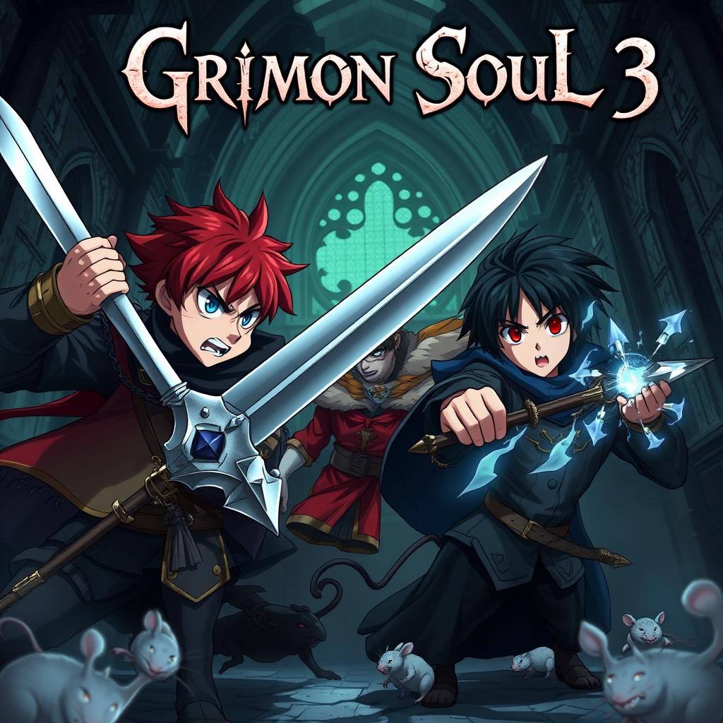 Dark fantasy anime cover titled 'Grimon Soul 3' showcasing three angry teenage warriors engaged in a fierce battle