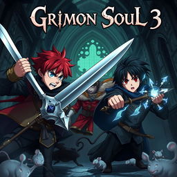 Dark fantasy anime cover titled 'Grimon Soul 3' showcasing three angry teenage warriors engaged in a fierce battle