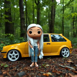 A Funko Pop figurine of a 28-year-old woman with very long, white hair, standing next to a vintage 1997 yellow Seat Ibiza CUPRA parked in a forest