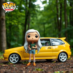 A Funko Pop figurine of a 28-year-old woman with very long, white hair, standing next to a vintage 1997 yellow Seat Ibiza CUPRA parked in a forest