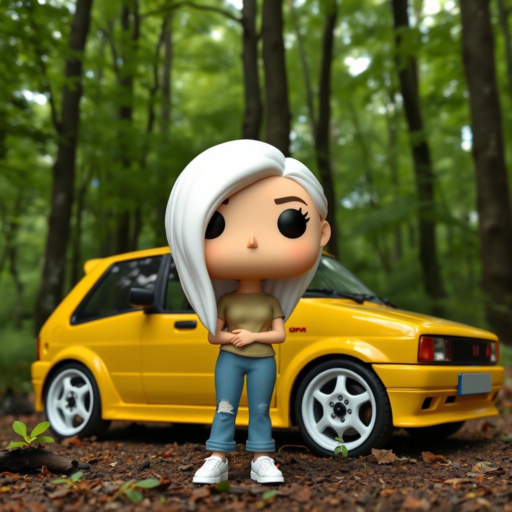 A Funko Pop figurine of a 28-year-old woman with very long, white hair, standing next to a vintage 1997 yellow Seat Ibiza CUPRA parked in a forest