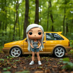 A Funko Pop figurine of a 28-year-old woman with very long, white hair, standing next to a vintage 1997 yellow Seat Ibiza CUPRA parked in a forest