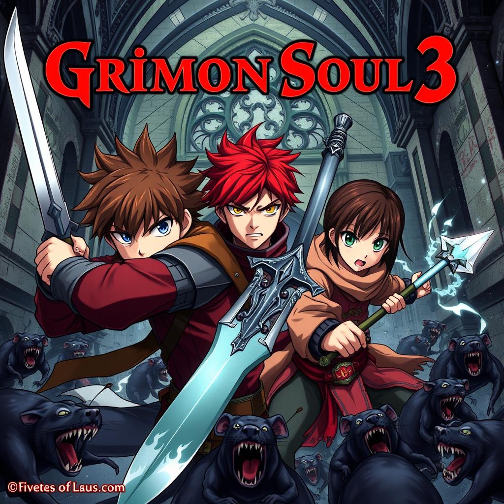 Dark fantasy anime cover titled in bold red letters 'Grimon Soul 3' featuring three angry teenage warriors caught in a fierce battle