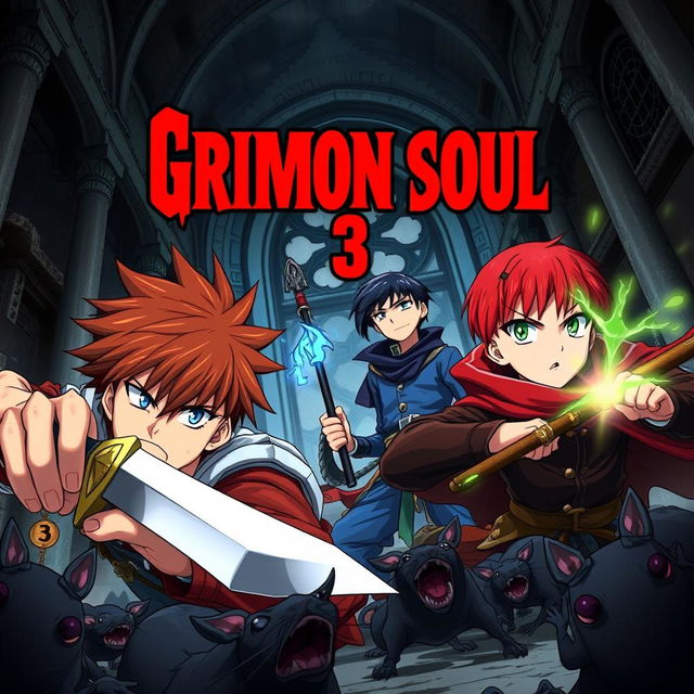 Dark fantasy anime cover titled in bold red letters 'Grimon Soul 3' featuring three angry teenage warriors caught in a fierce battle