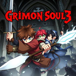 Dark fantasy anime cover titled in bold red letters 'Grimon Soul 3' featuring three angry teenage warriors caught in a fierce battle