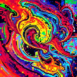 An artistic representation of a pixelated image, where each pixel is filled with vibrant colors and patterns, creating an abstract yet cohesive design, reminiscent of a modern digital painting