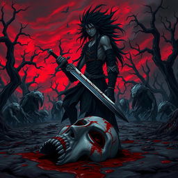 A dark fantasy anime scene with elements of gore, featuring a haunting landscape filled with eerie, twisted trees and a blood-red sky