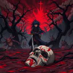 A dark fantasy anime scene with elements of gore, featuring a haunting landscape filled with eerie, twisted trees and a blood-red sky