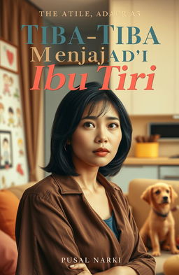 A captivating book cover for the title 'Tiba-Tiba Menjadi Ibu Tiri' featuring a stylish woman in her 30s with shoulder-length dark hair, looking thoughtful and slightly concerned