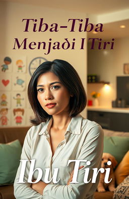 A captivating book cover for the title 'Tiba-Tiba Menjadi Ibu Tiri' featuring a stylish woman in her 30s with shoulder-length dark hair, looking thoughtful and slightly concerned