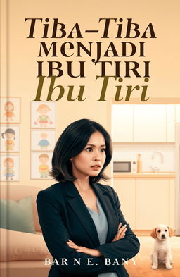 A captivating book cover for the title 'Tiba-Tiba Menjadi Ibu Tiri' featuring a stylish woman in her 30s with shoulder-length dark hair, looking thoughtful and slightly concerned