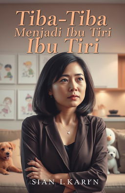 A captivating book cover for the title 'Tiba-Tiba Menjadi Ibu Tiri' featuring a stylish woman in her 30s with shoulder-length dark hair, looking thoughtful and slightly concerned