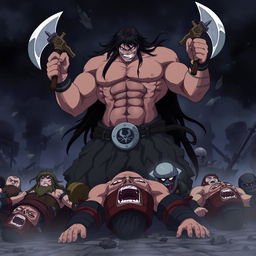 A dark fantasy anime scene titled 'Yakuru,' featuring a large, muscular barbarian wielding two axes, one in each hand