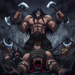 A dark fantasy anime scene titled 'Yakuru,' featuring a large, muscular barbarian wielding two axes, one in each hand