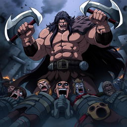 A dark fantasy anime scene titled 'Yakuru,' featuring a large, muscular barbarian wielding two axes, one in each hand