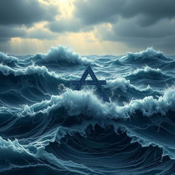 A realistic depiction of a rough sea with turbulent waves crashing, prominently featuring half of the Star of David submerged in the water