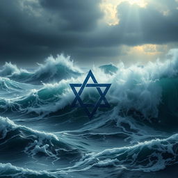 A realistic depiction of a rough sea with turbulent waves crashing, prominently featuring half of the Star of David submerged in the water