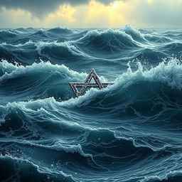 A realistic depiction of a rough sea with turbulent waves crashing, prominently featuring half of the Star of David submerged in the water