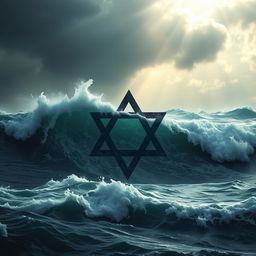 A realistic depiction of a rough sea with turbulent waves crashing, prominently featuring half of the Star of David submerged in the water