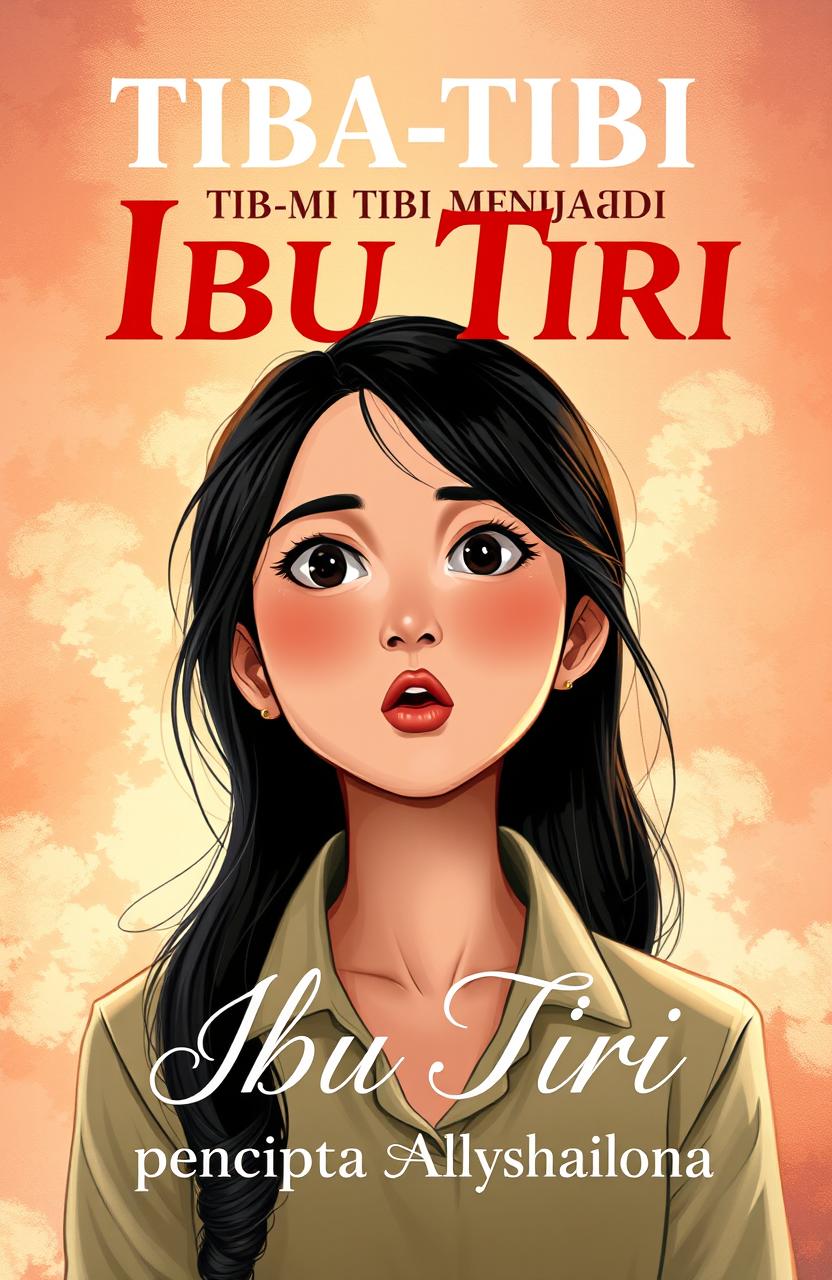 A captivating book cover for 'Tiba-Tiba Menjadi Ibu Tiri', featuring a young woman who appears both modern and vivid, symbolizing a blend of youth and maturity