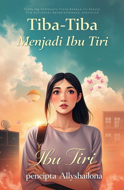 A captivating book cover for 'Tiba-Tiba Menjadi Ibu Tiri', featuring a young woman who appears both modern and vivid, symbolizing a blend of youth and maturity