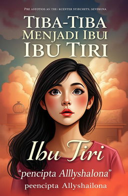 A captivating book cover for 'Tiba-Tiba Menjadi Ibu Tiri', featuring a young woman who appears both modern and vivid, symbolizing a blend of youth and maturity