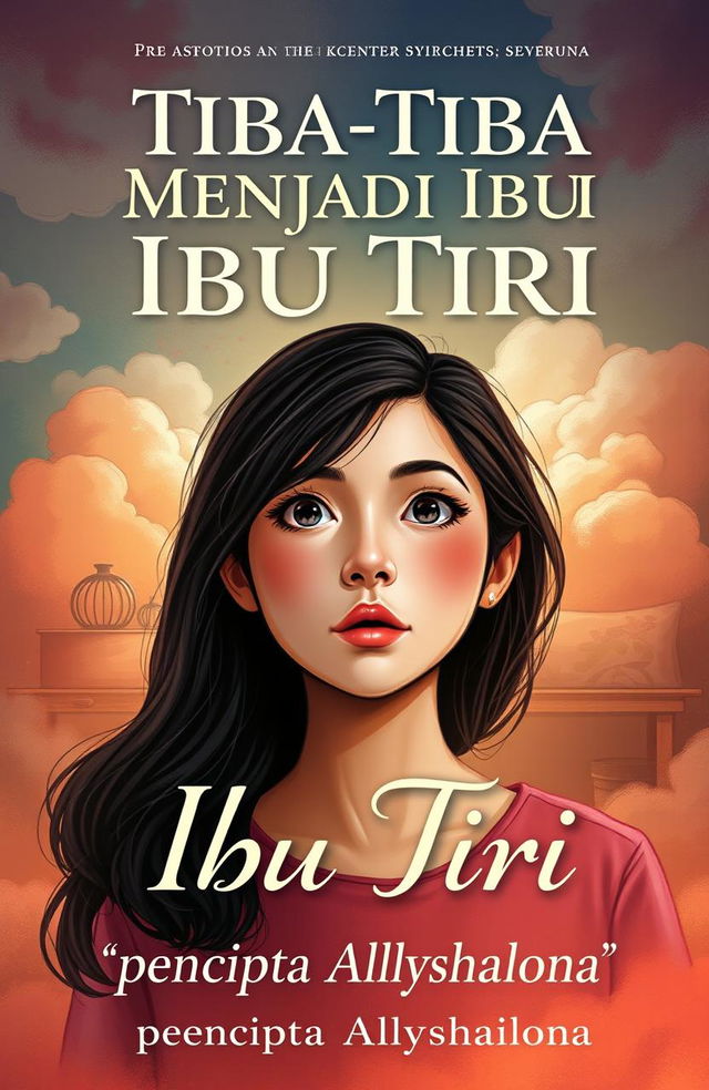 A captivating book cover for 'Tiba-Tiba Menjadi Ibu Tiri', featuring a young woman who appears both modern and vivid, symbolizing a blend of youth and maturity