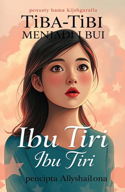 A captivating book cover for 'Tiba-Tiba Menjadi Ibu Tiri', featuring a young woman who appears both modern and vivid, symbolizing a blend of youth and maturity