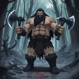 A dark fantasy anime scene titled 'Yakuru,' featuring a large, muscular barbarian wielding two axes, one in each hand