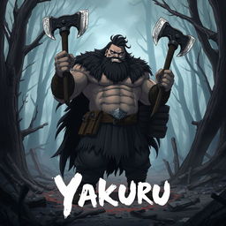 A dark fantasy anime scene titled 'Yakuru,' featuring a large, muscular barbarian wielding two axes, one in each hand