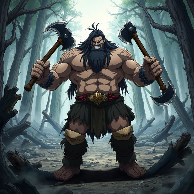 A dark fantasy anime scene titled 'Yakuru,' featuring a large, muscular barbarian wielding two axes, one in each hand