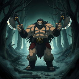 A dark fantasy anime scene titled 'Yakuru,' featuring a large, muscular barbarian wielding two axes, one in each hand