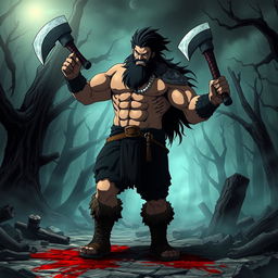 A dark fantasy anime titled 'Yakuru,' featuring a large, muscular barbarian wielding two axes, one in each hand