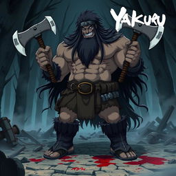 A dark fantasy anime titled 'Yakuru,' featuring a large, muscular barbarian wielding two axes, one in each hand