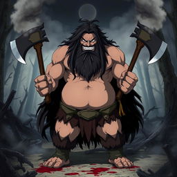 A dark fantasy anime titled 'Yakuru,' featuring a large, muscular barbarian wielding two axes, one in each hand