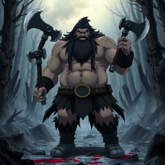 A dark fantasy anime titled 'Yakuru,' featuring a large, muscular barbarian wielding two axes, one in each hand