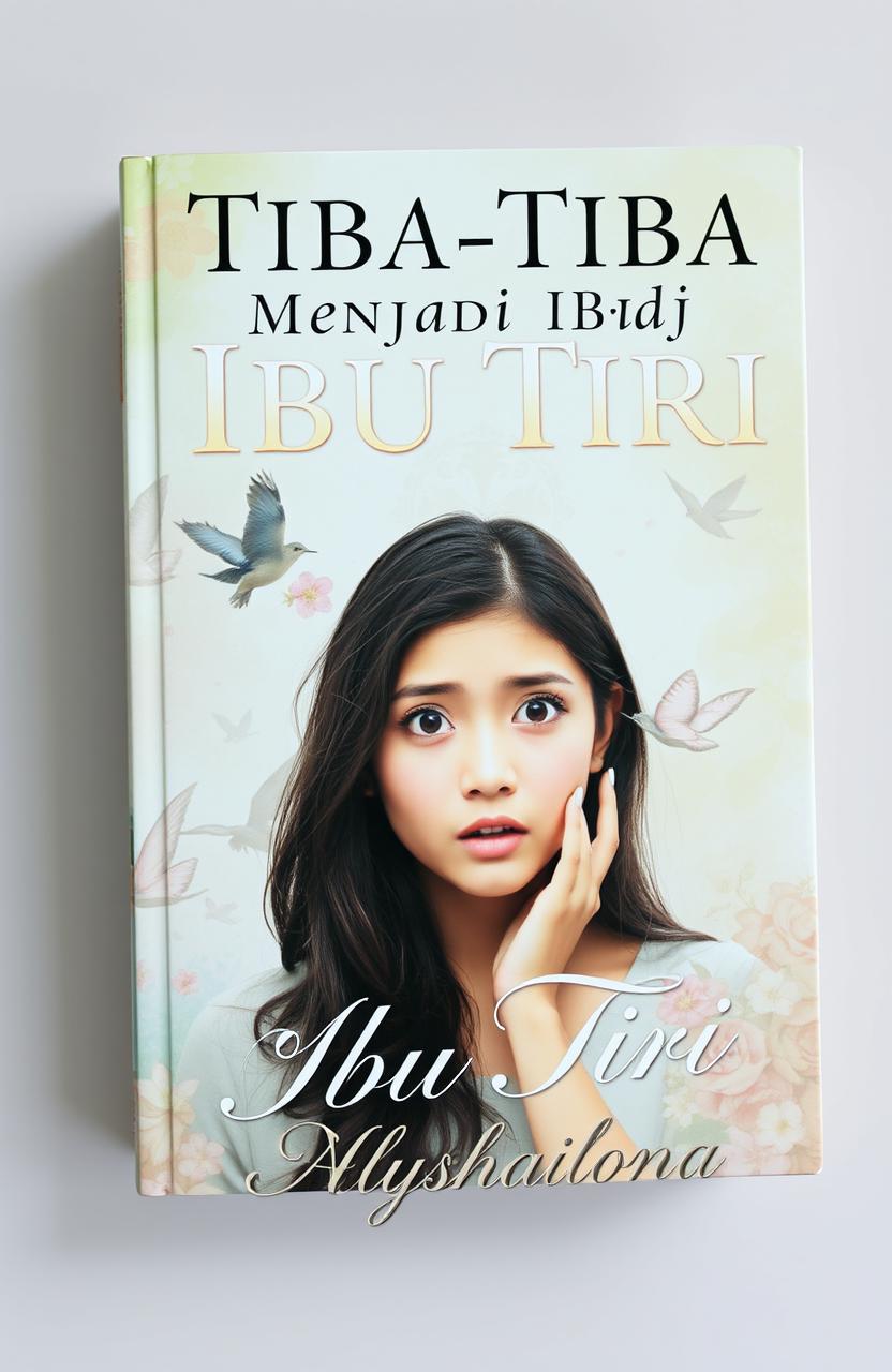 A captivating book cover for 'Tiba-Tiba Menjadi Ibu Tiri' featuring a young woman looking surprised and confused, symbolizing the essence of a girl who has suddenly found herself in a married woman's body