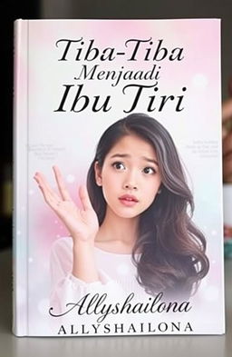 A captivating book cover for 'Tiba-Tiba Menjadi Ibu Tiri' featuring a young woman looking surprised and confused, symbolizing the essence of a girl who has suddenly found herself in a married woman's body