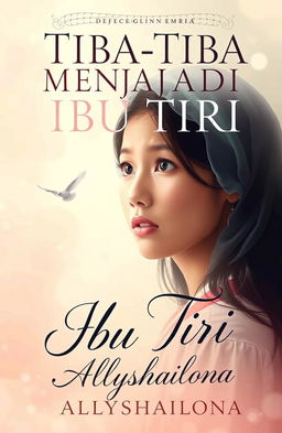 A captivating book cover for 'Tiba-Tiba Menjadi Ibu Tiri' featuring a young woman looking surprised and confused, symbolizing the essence of a girl who has suddenly found herself in a married woman's body