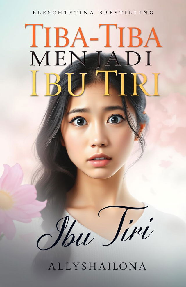 A captivating book cover for 'Tiba-Tiba Menjadi Ibu Tiri' featuring a young woman looking surprised and confused, symbolizing the essence of a girl who has suddenly found herself in a married woman's body