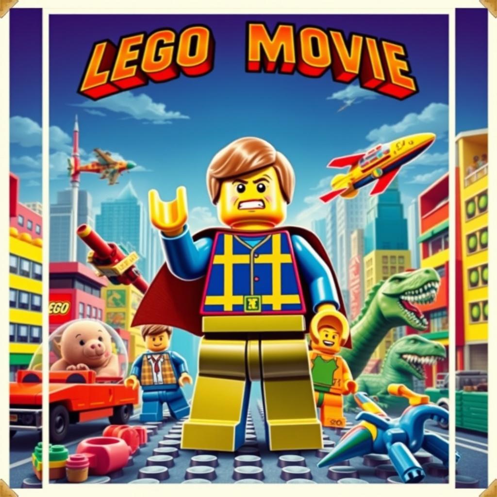 A retro movie poster featuring colorful LEGO characters in a classic 1980s style