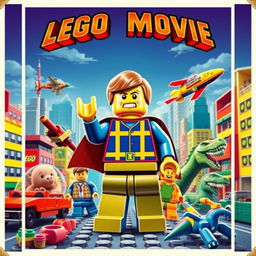 A retro movie poster featuring colorful LEGO characters in a classic 1980s style