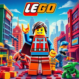 A retro movie poster featuring colorful LEGO characters in a classic 1980s style