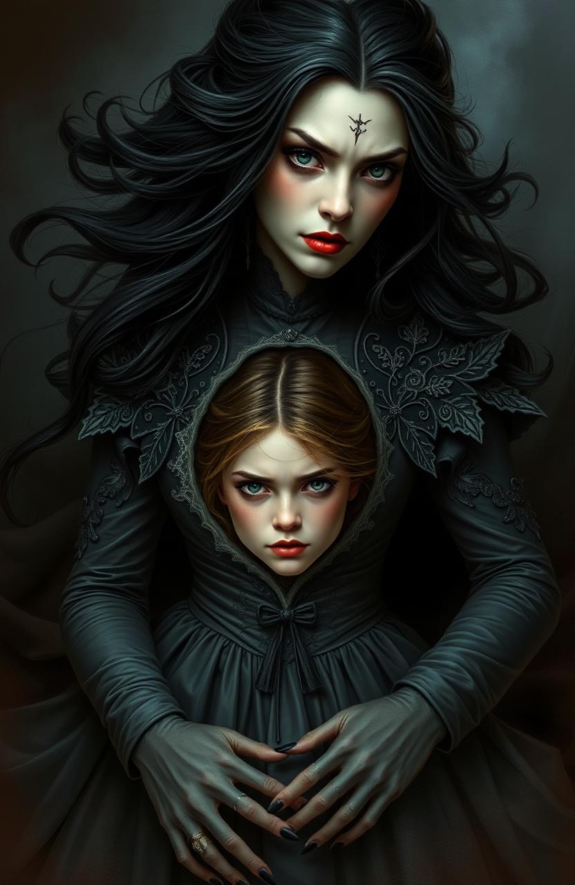 A captivating cover image featuring a young woman trapped within the body of an evil stepmother